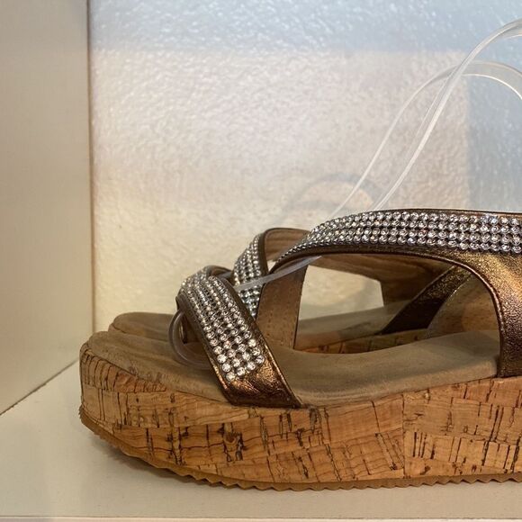 Volatile Rhinestones Leather Platform Cork Brown Tan Ankle Strap Sandals - Picture 9 of 10